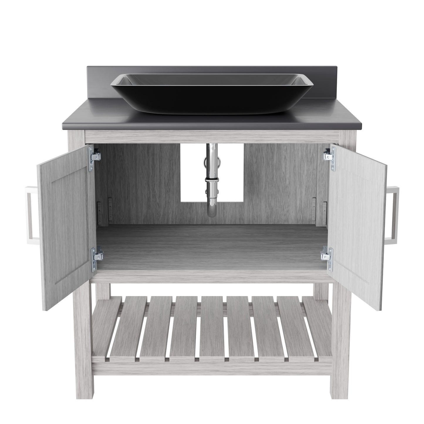 30-inch Novatto bath vanity with storm grey countertop and sink, showcasing modern bathroom accessory design.
