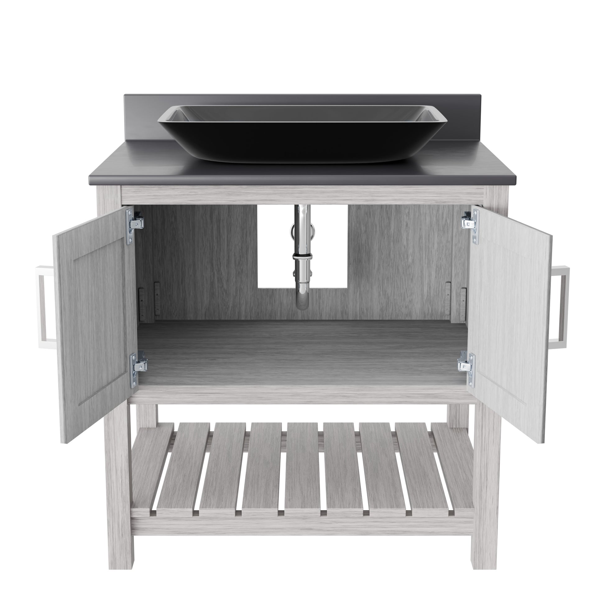 30-inch Novatto bath vanity with storm grey countertop and sink, showcasing modern bathroom accessory design.