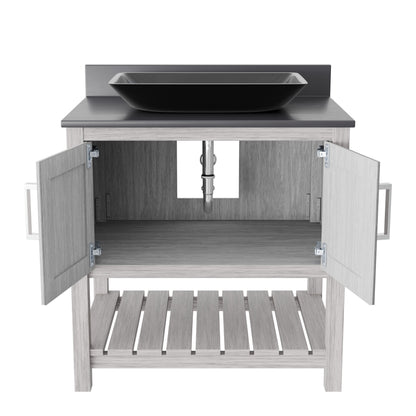 30-inch Novatto bath vanity with storm grey countertop and sink, showcasing modern bathroom accessory design.