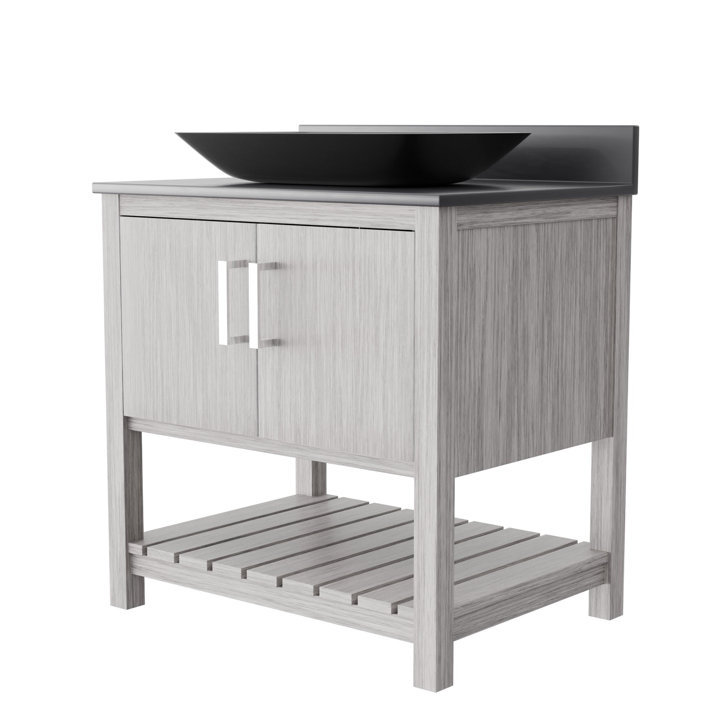 30-inch Novatto bath vanity with storm grey countertop and integrated sink, showcasing modern bathroom accessory design.