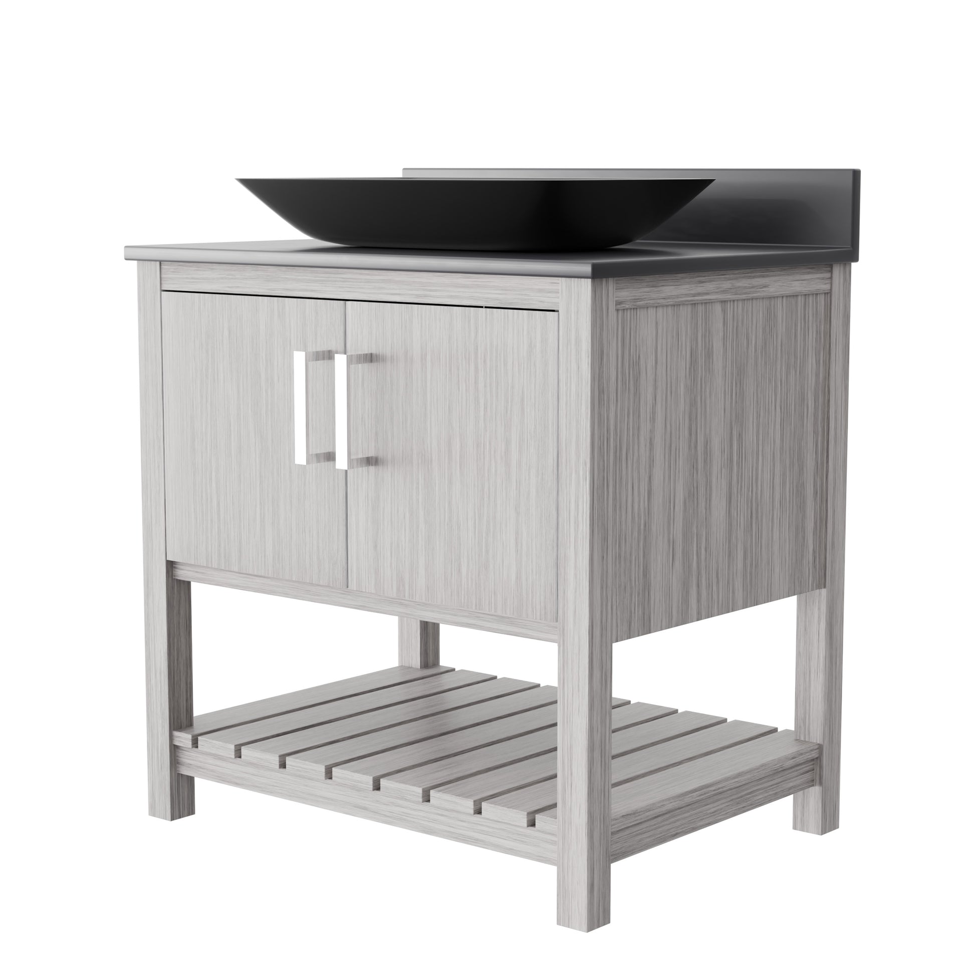 30-inch Novatto bath vanity with storm grey countertop and integrated sink, showcasing modern bathroom accessory design.
