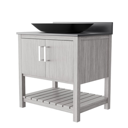 30-inch Novatto bath vanity with storm grey countertop and integrated sink, showcasing modern bathroom accessory design.