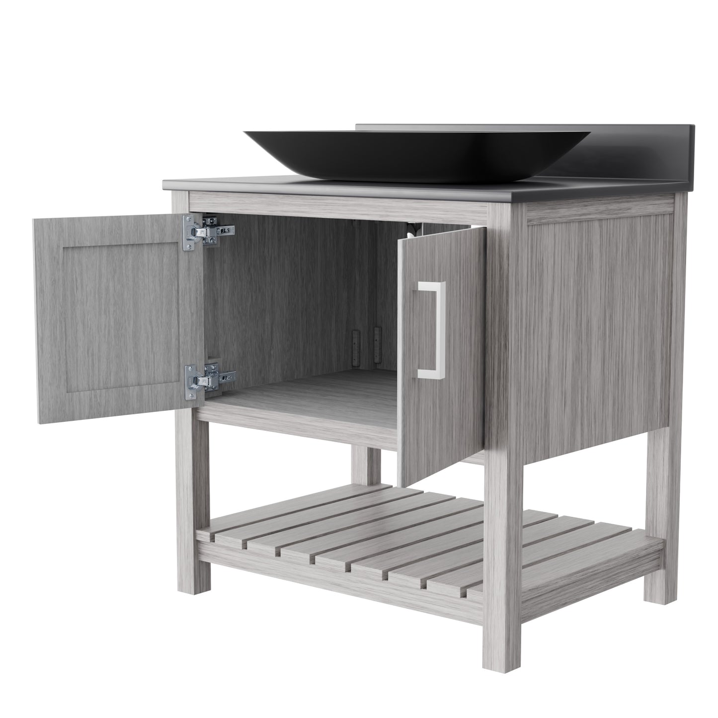 30-inch Novatto bath vanity with storm grey countertop and integrated sink, modern bathroom accessory.