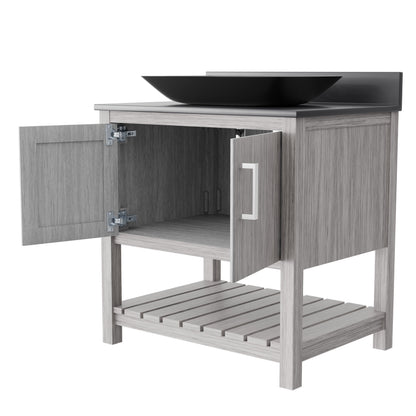 30-inch Novatto bath vanity with storm grey countertop and integrated sink, modern bathroom accessory.