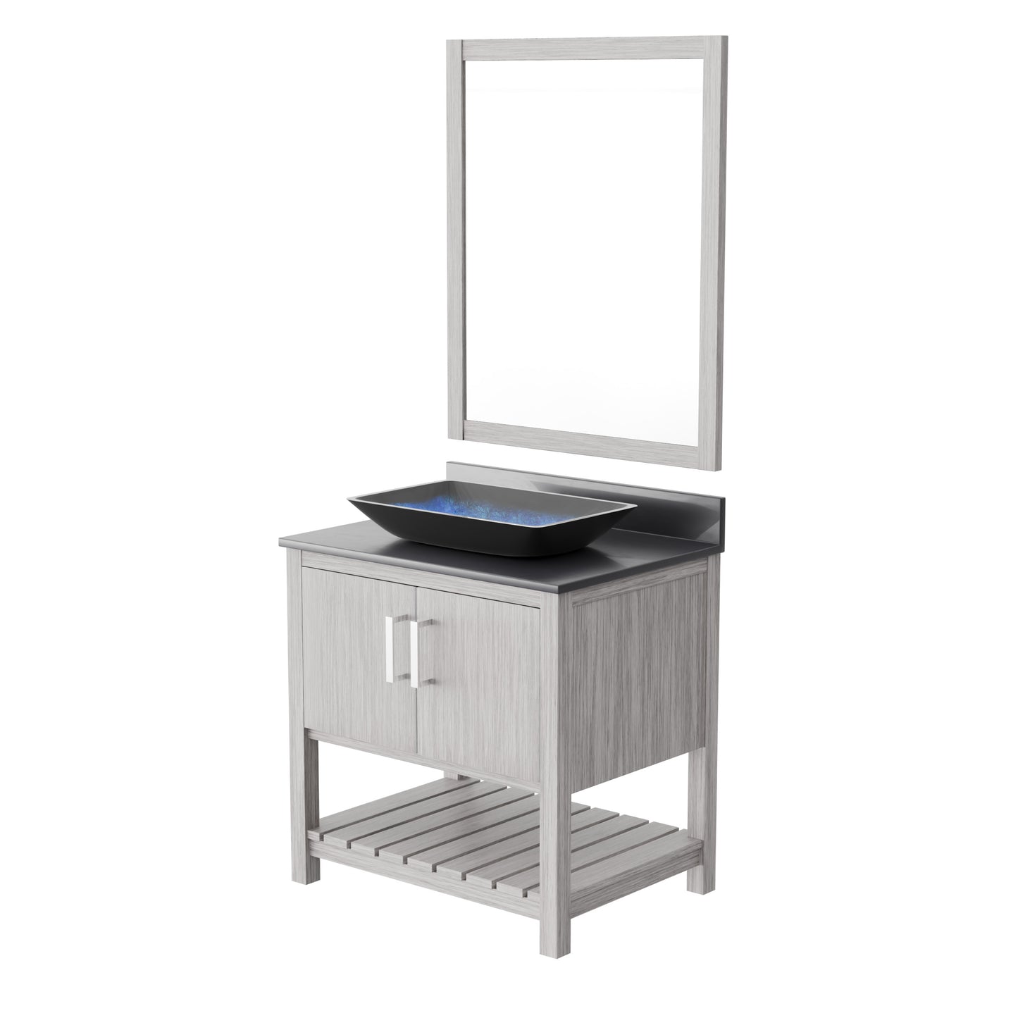 30-inch Novatto bath vanity with storm grey countertop and integrated sink, showcasing sleek bathroom accessory design.