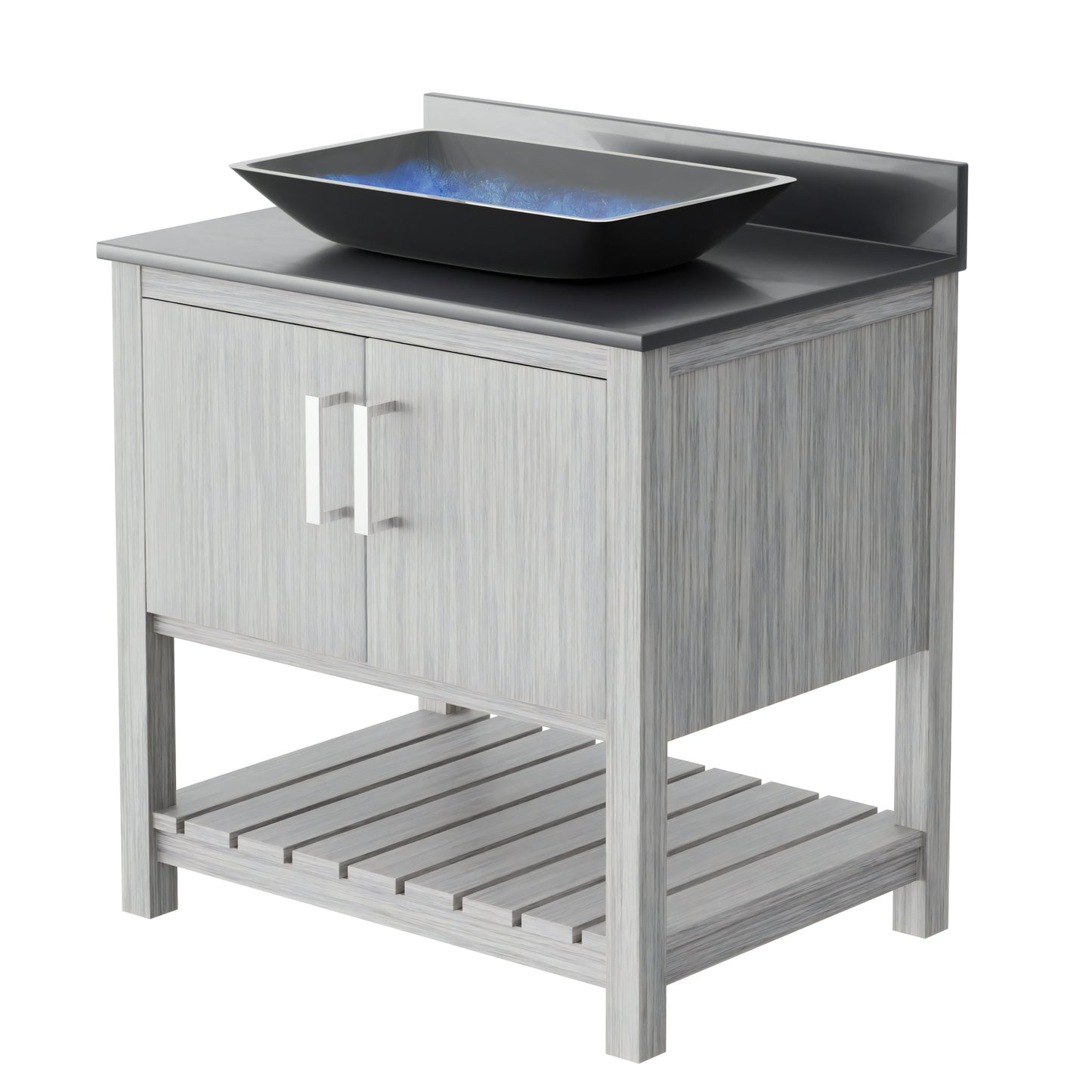 30-inch Novatto bathroom vanity with storm grey countertop and sink, showcasing modern accessory design and craftsmanship.