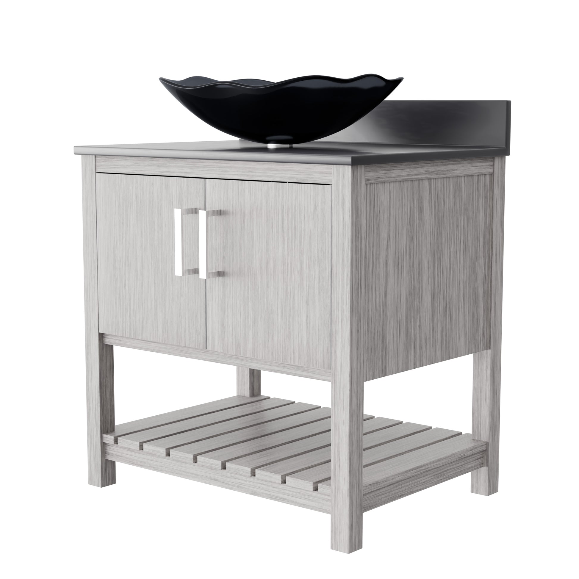 30-inch Novatto bath vanity with storm grey quartz countertop and sink, showcasing modern bathroom accessory design.