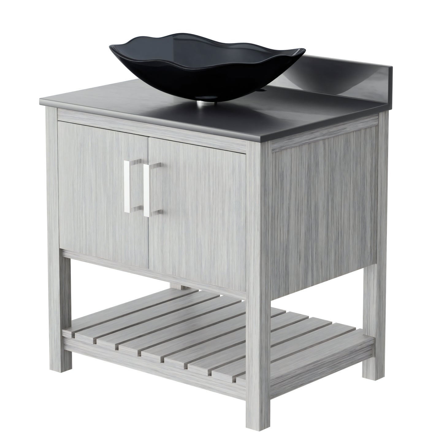 30-inch Novatto bath vanity with storm grey quartz countertop and sink, modern bathroom accessory with sleek design.