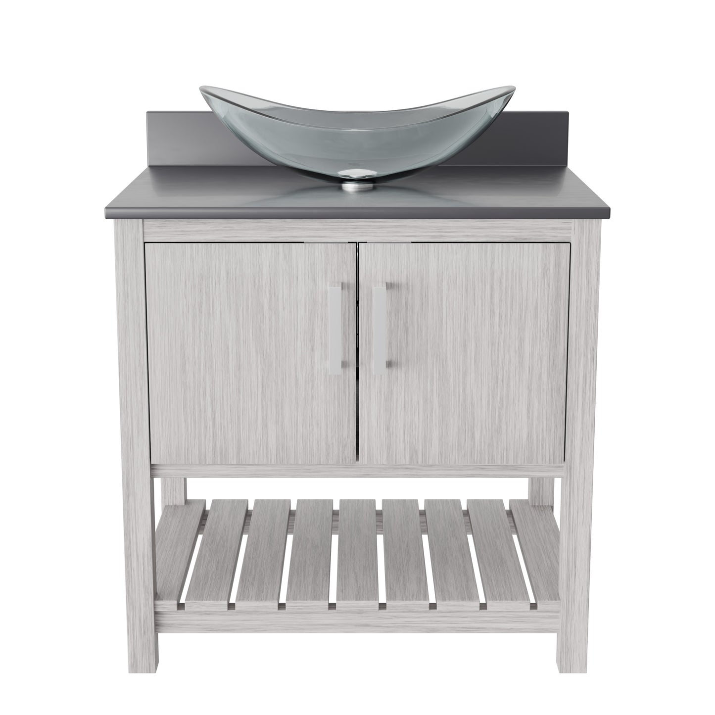 30-inch Novatto bath vanity with storm grey quartz countertop and integrated sink, showcasing sleek bathroom accessory design.