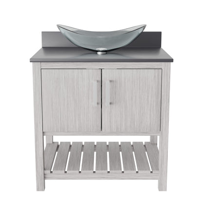 30-inch Novatto bath vanity with storm grey quartz countertop and integrated sink, showcasing sleek bathroom accessory design.