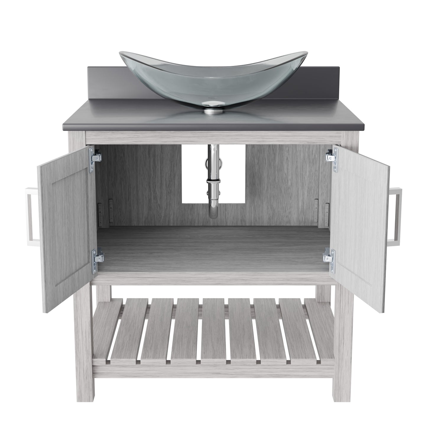 30-inch Novatto bath vanity with storm grey quartz countertop and integrated sink, showcasing a sleek, modern bathroom accessory.