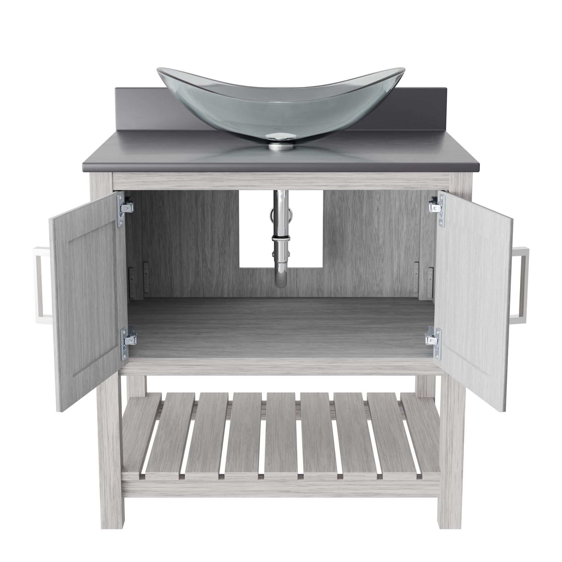 30-inch Novatto bath vanity with storm grey quartz countertop and integrated sink, showcasing a sleek, modern bathroom accessory.