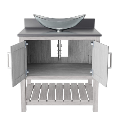 30-inch Novatto bath vanity with storm grey quartz countertop and integrated sink, showcasing a sleek, modern bathroom accessory.