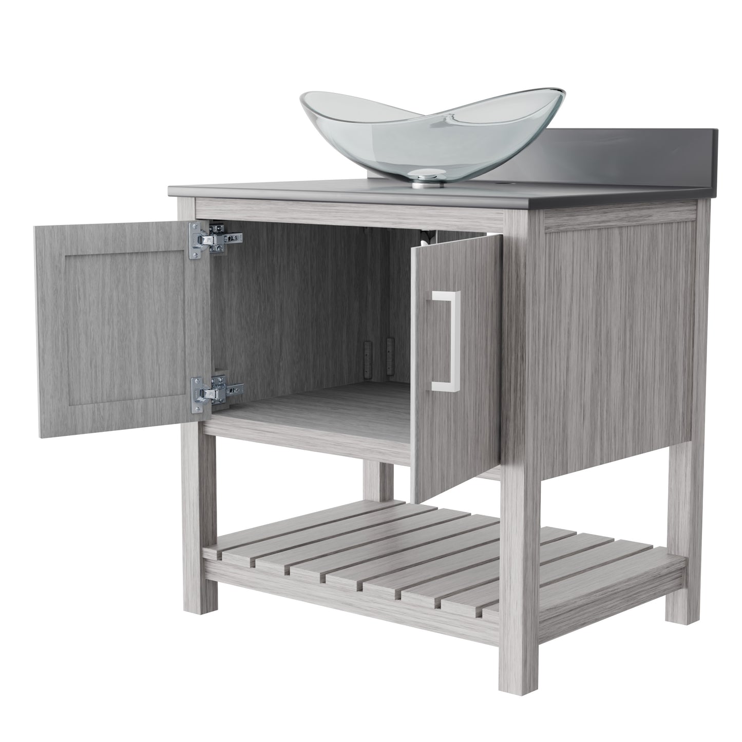 30-inch Novatto bath vanity with storm grey quartz countertop and integrated sink, showcasing modern bathroom accessory design.