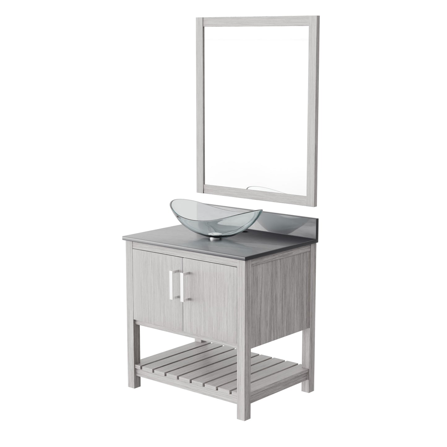 30-inch Novatto bath vanity with storm grey quartz countertop and sink, showcasing sleek bathroom accessory design.