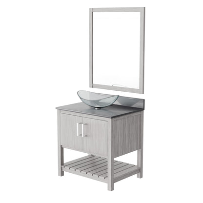 30-inch Novatto bath vanity with storm grey quartz countertop and sink, showcasing sleek bathroom accessory design.