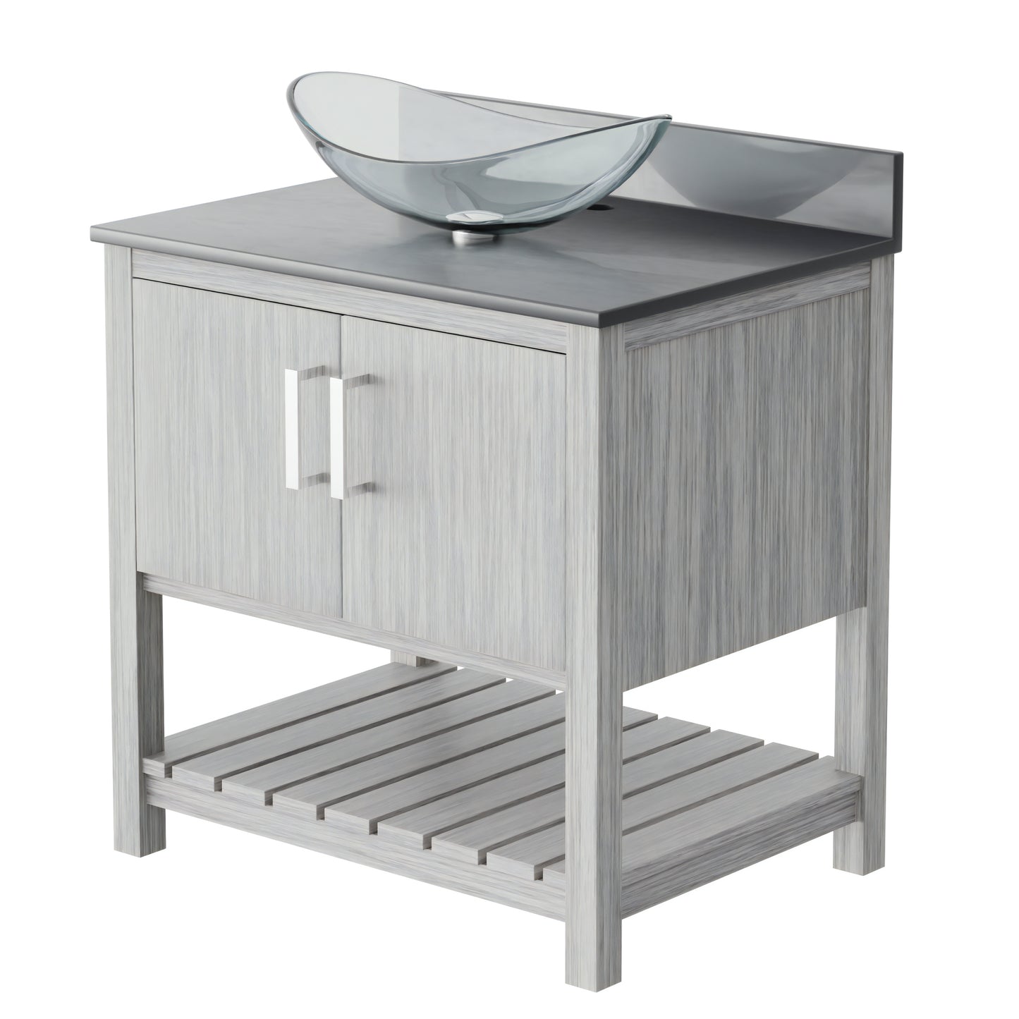 30-inch Novatto bath vanity with storm grey quartz countertop and integrated sink, modern bathroom accessory.