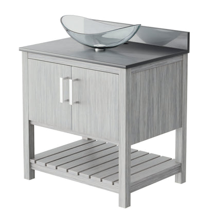 30-inch Novatto bath vanity with storm grey quartz countertop and integrated sink, modern bathroom accessory.