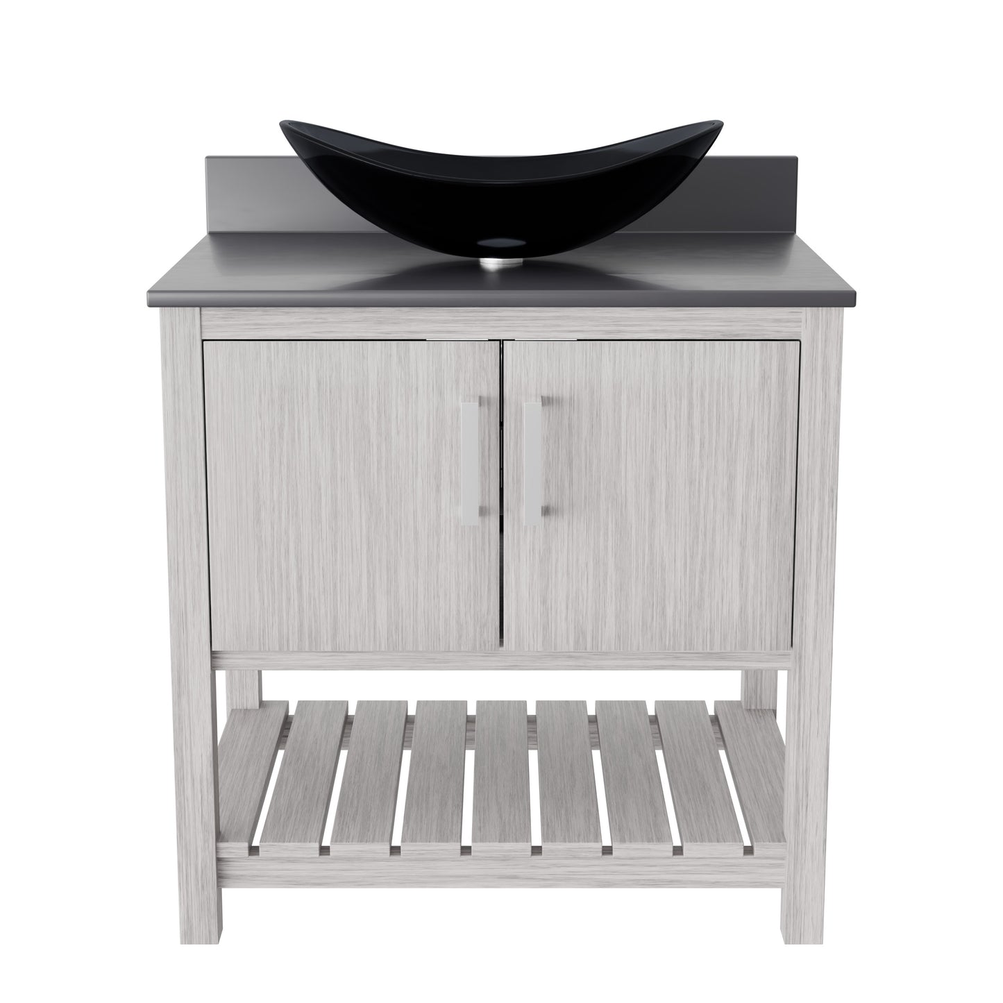 30-inch Novatto bath vanity with storm grey quartz countertop and integrated sink, showcasing modern bathroom accessory design
