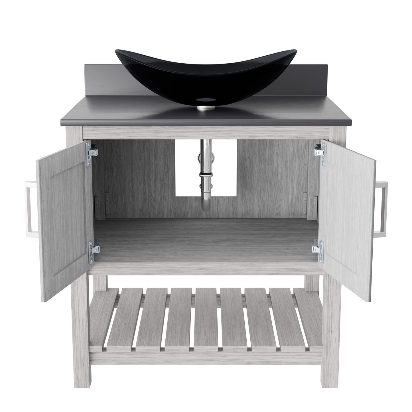30-inch Novatto bath vanity with storm grey quartz countertop and sink, showcasing sleek bathroom accessory design.