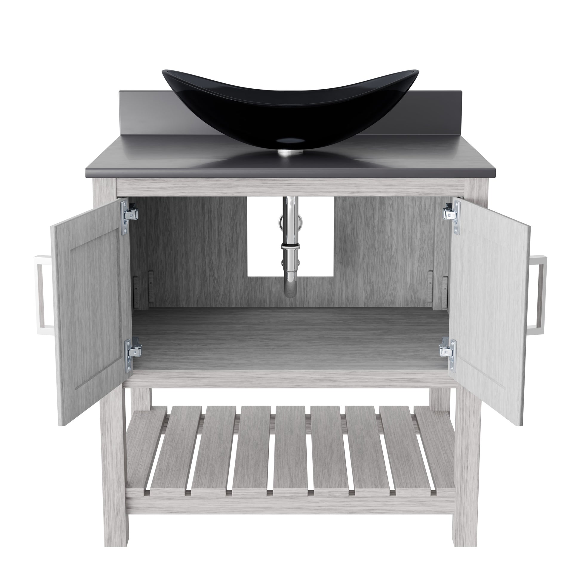 30-inch Novatto bath vanity with storm grey quartz countertop and sink, showcasing sleek bathroom accessory design.