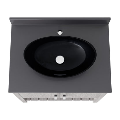 30-inch Novatto bathroom vanity with storm grey quartz countertop and sink, showcasing sleek modern design and accessory details.
