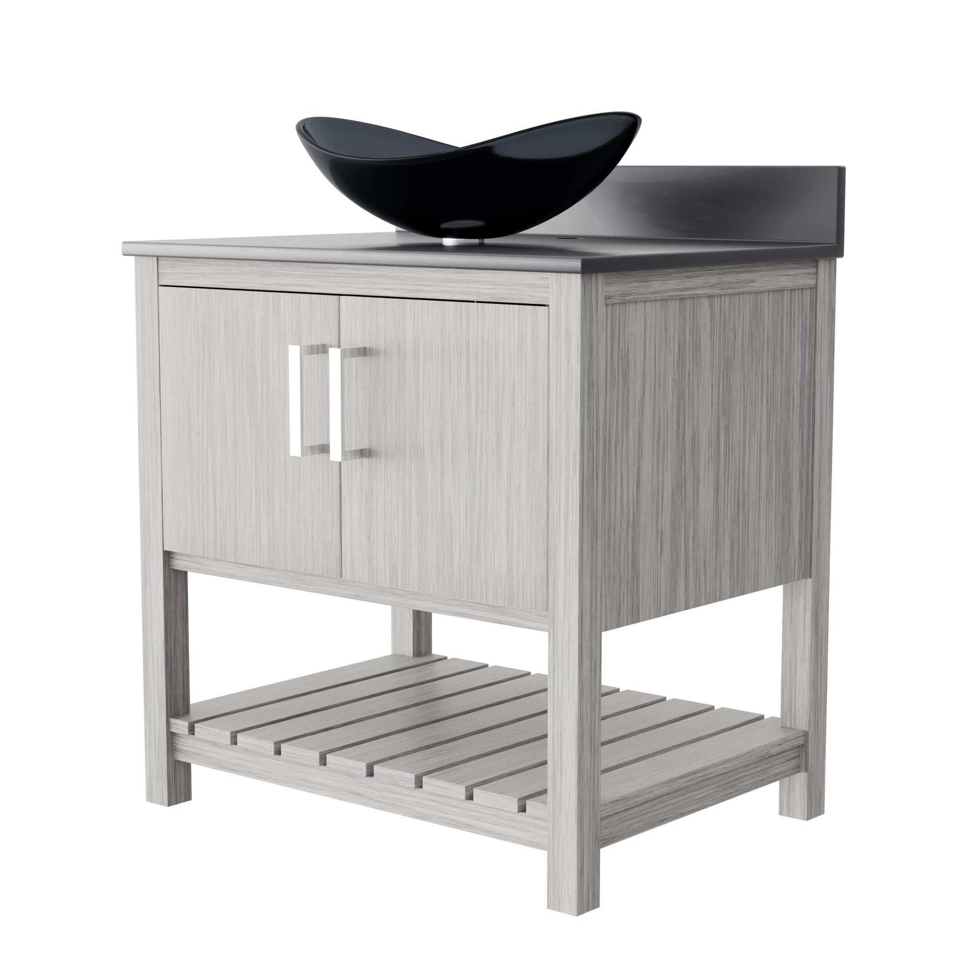 30-inch Novatto bath vanity with storm grey quartz countertop and integrated sink, showcasing modern bathroom accessory design.