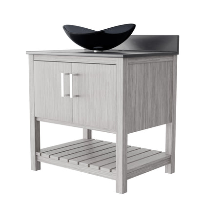 30-inch Novatto bath vanity with storm grey quartz countertop and integrated sink, showcasing modern bathroom accessory design.