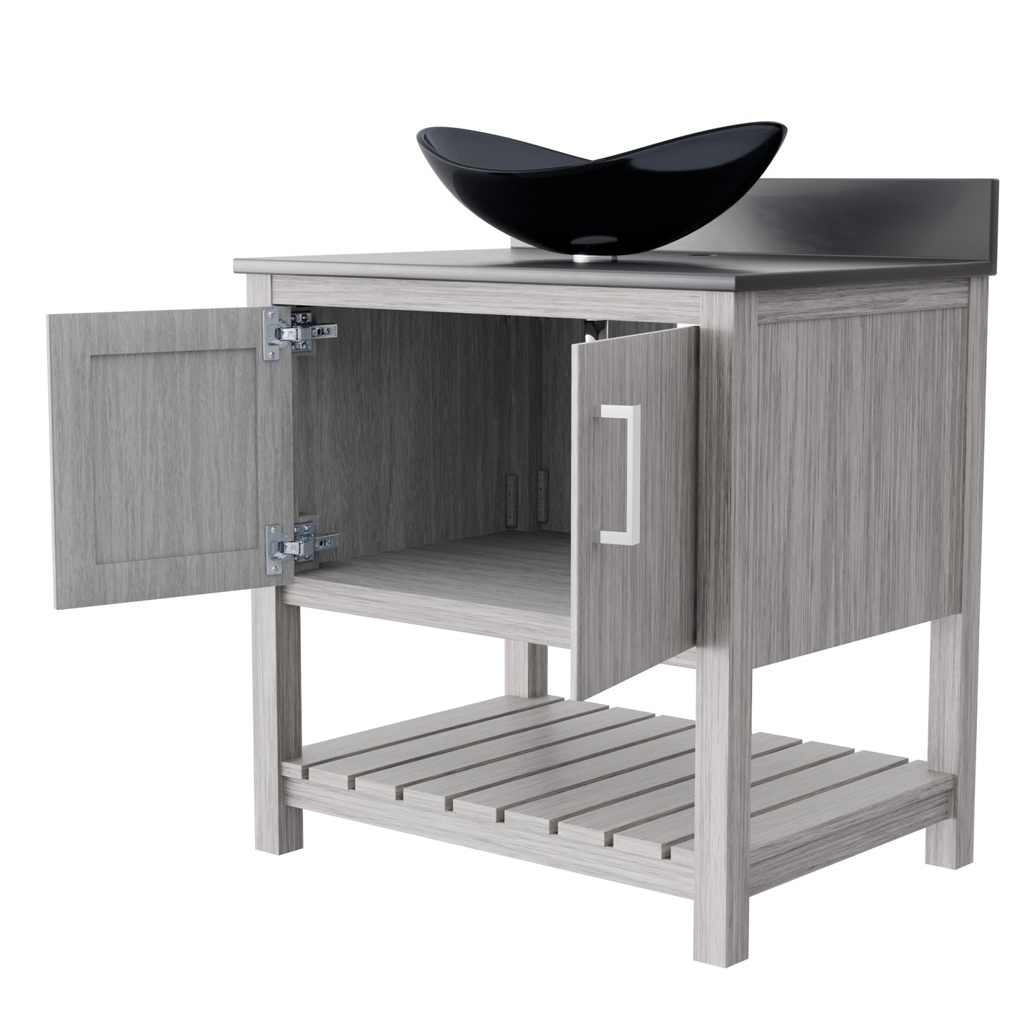 30-inch Novatto bath vanity with storm grey quartz countertop and sink, featuring sleek modern design and storage space
