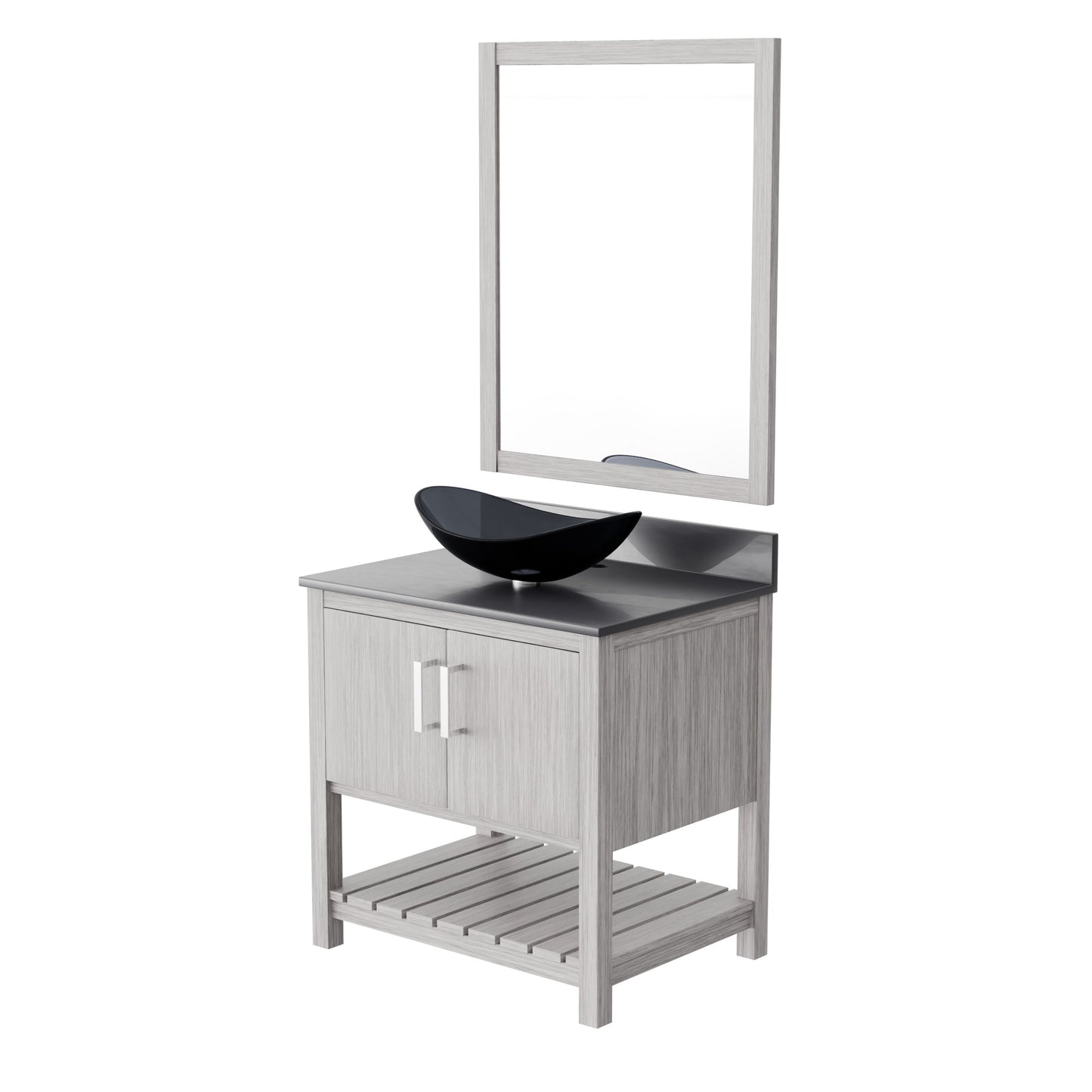 Novatto 30-inch bath vanity with storm grey quartz countertop and integrated sink, modern bathroom accessory design