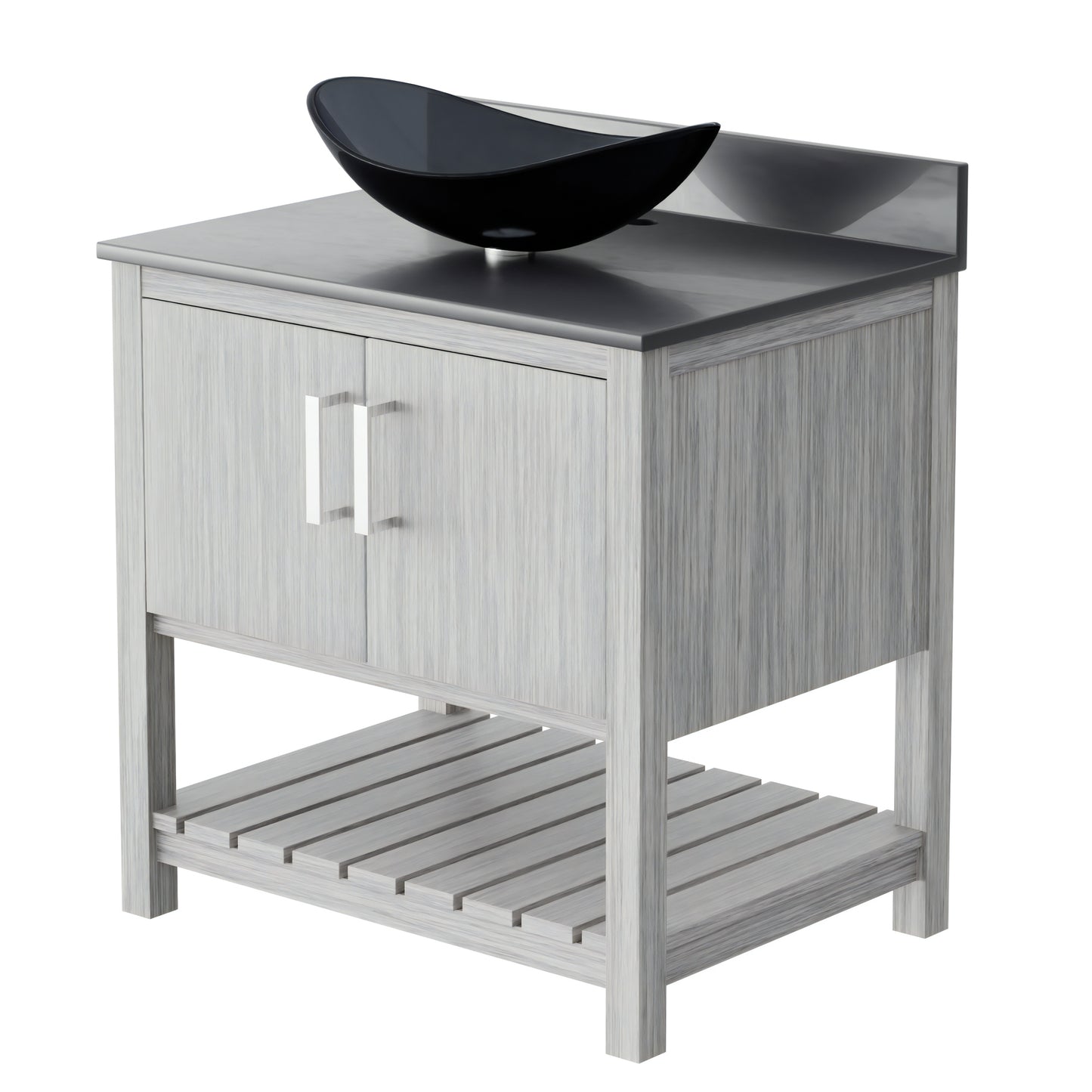 30-inch Novatto bath vanity with storm grey quartz counter and sink, showcasing sleek bathroom accessory design.