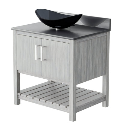 30-inch Novatto bath vanity with storm grey quartz counter and sink, showcasing sleek bathroom accessory design.