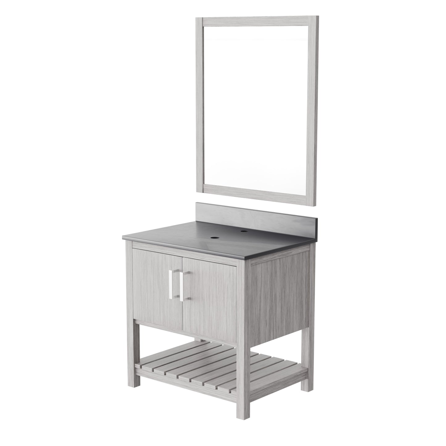 30-inch Novatto vanity with storm grey quartz countertop, shown with mirror and modern bathroom accessory.
