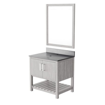 30-inch Novatto vanity with storm grey quartz countertop, shown with mirror and modern bathroom accessory.