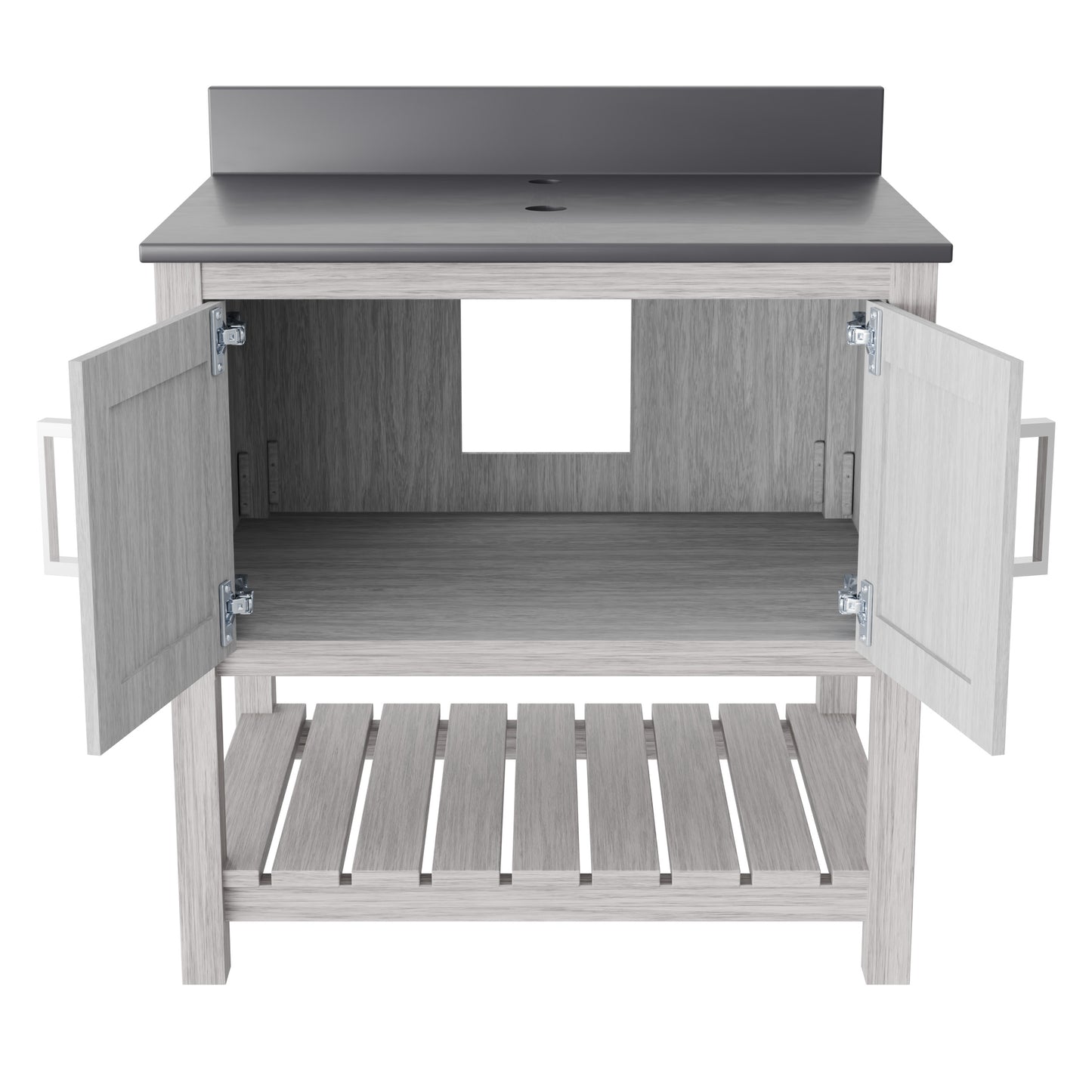 30-inch Novatto vanity with storm grey quartz countertop, showcasing sleek design and modern bathroom accessory.