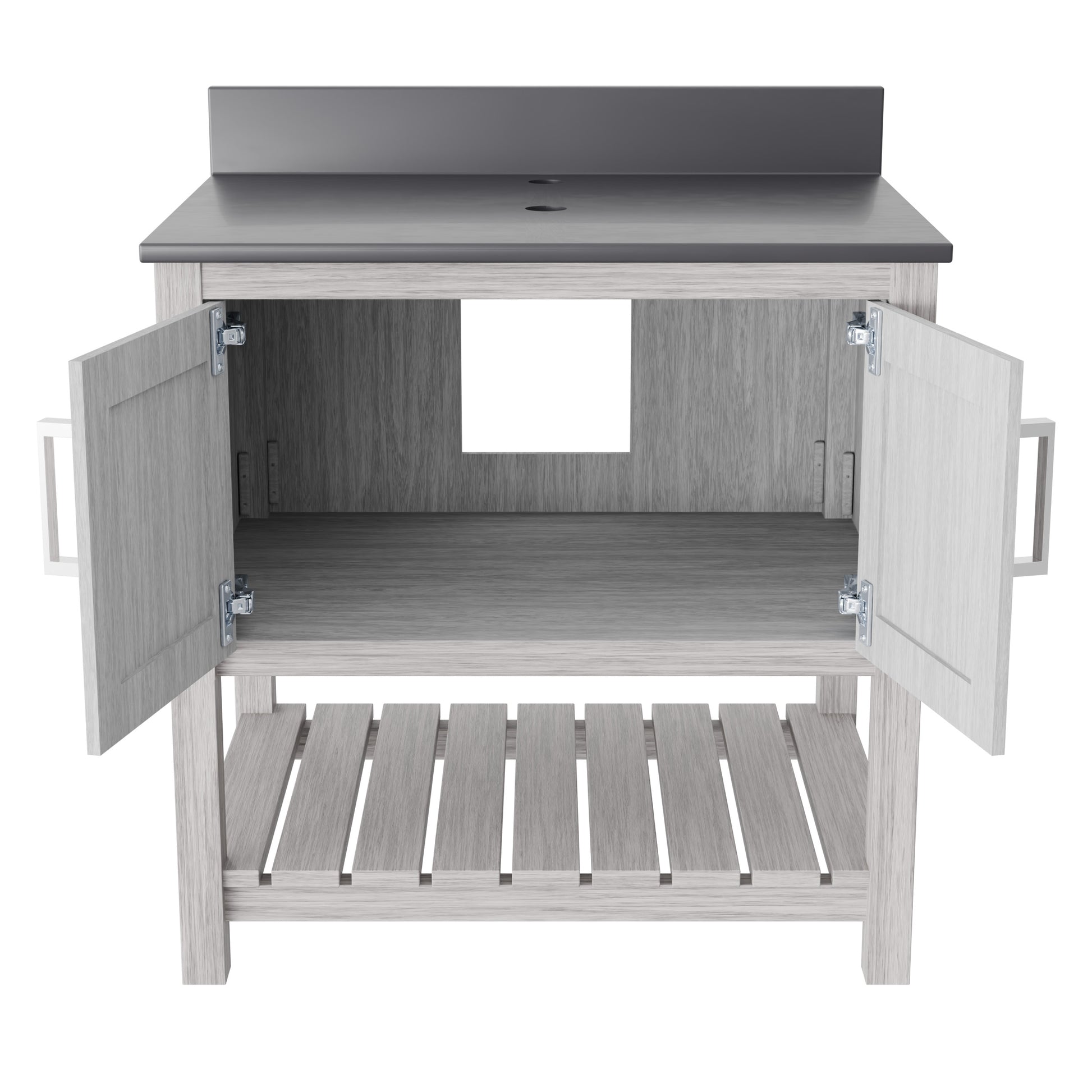 30-inch Novatto vanity with storm grey quartz countertop, showcasing sleek design and modern bathroom accessory.