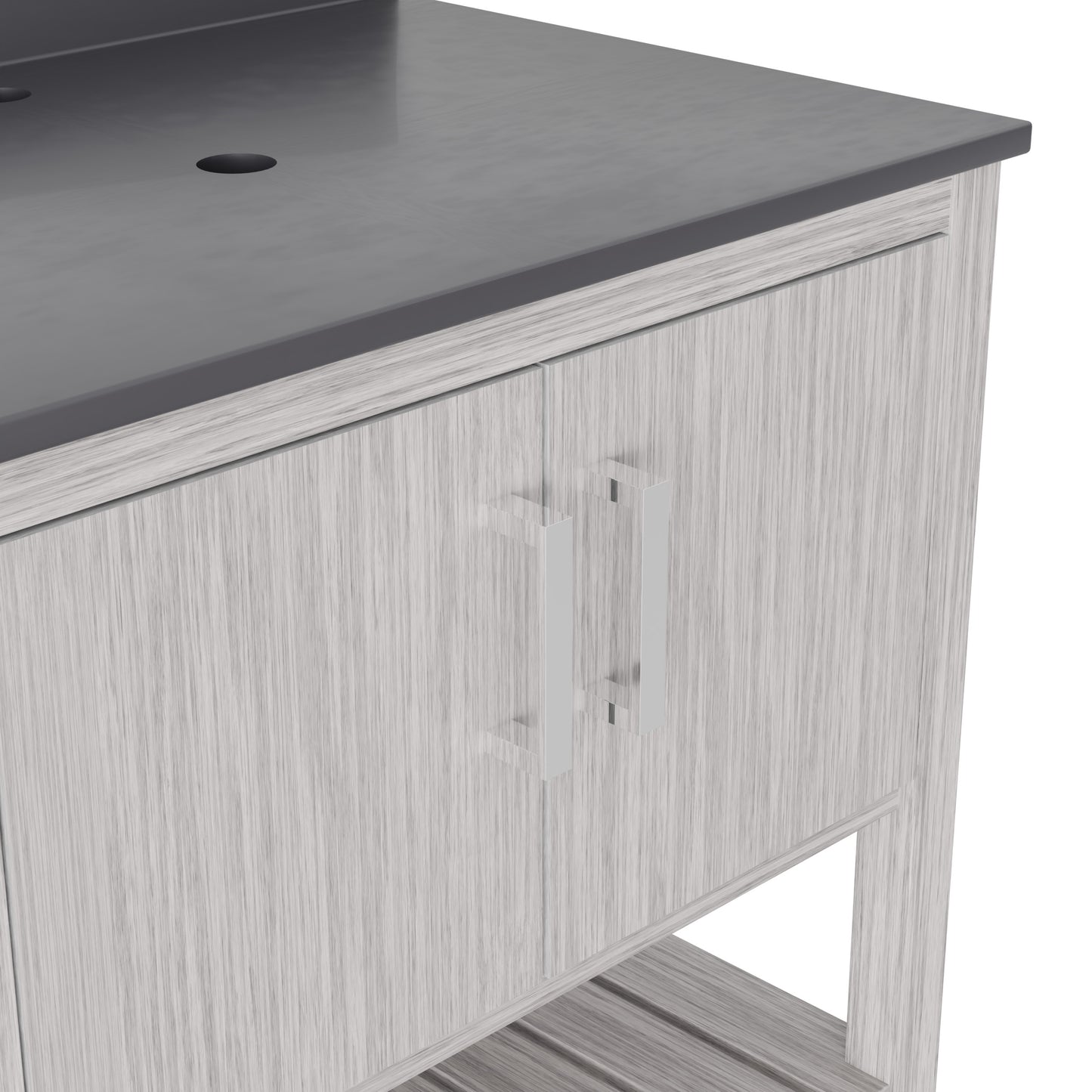 30-inch Novatto vanity with storm grey quartz countertop, showcasing sleek bathroom accessory with modern design.