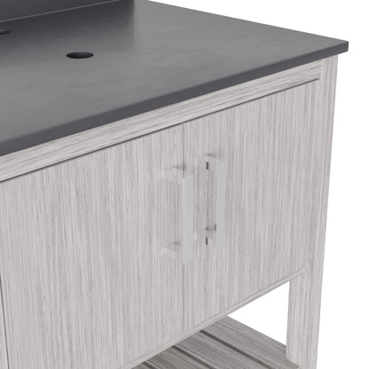 30-inch Novatto vanity with storm grey quartz countertop, showcasing sleek bathroom accessory with modern design.