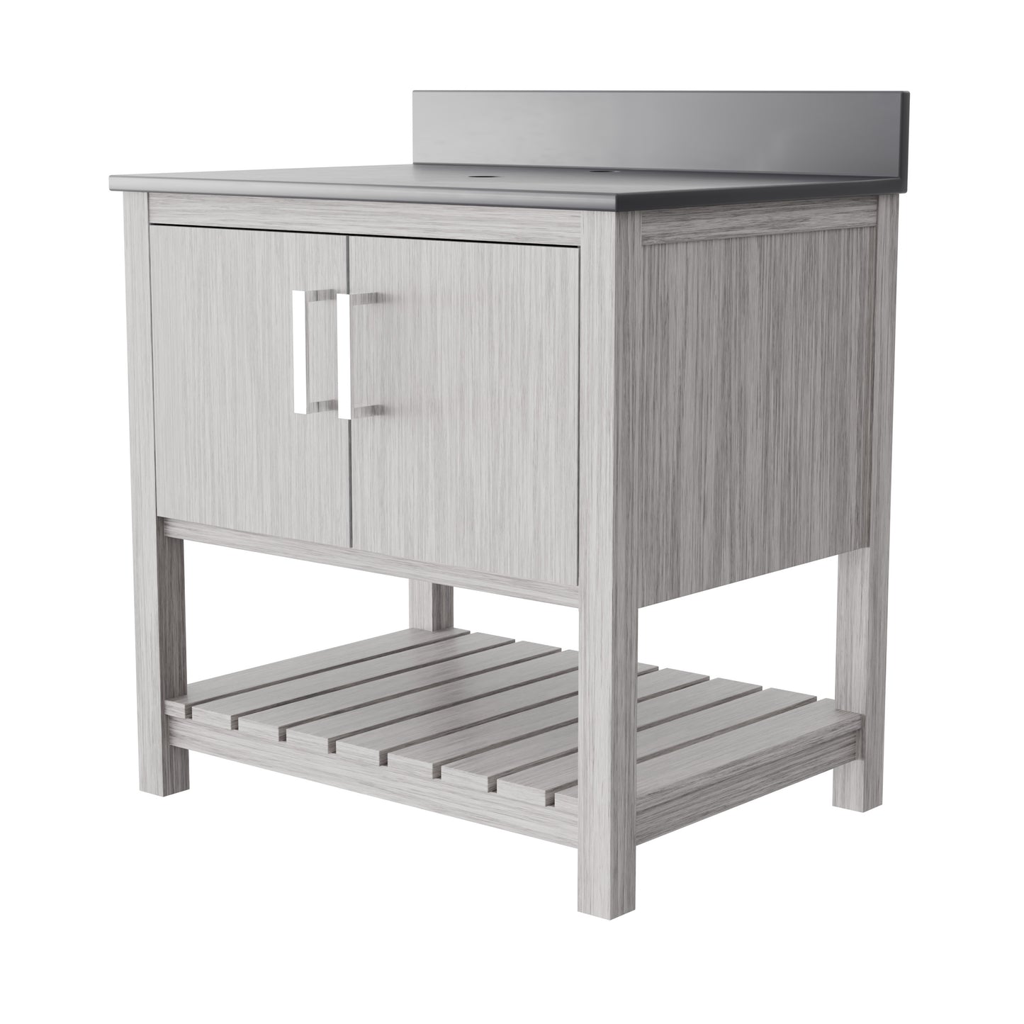 30-inch Novatto vanity with storm grey quartz countertop, showcasing sleek design and modern style.