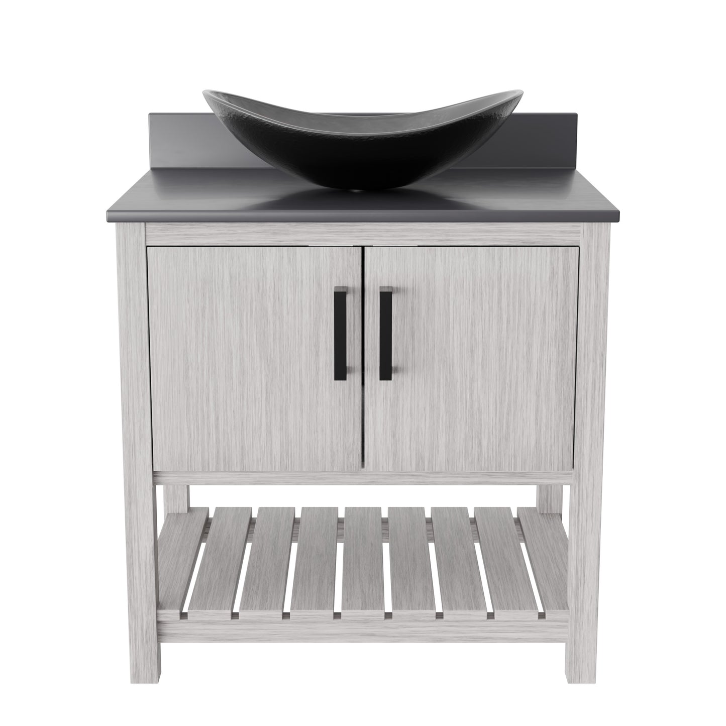 Novatto 30-inch bath vanity with storm grey quartz countertop and integrated sink, showcasing modern bathroom accessory design.