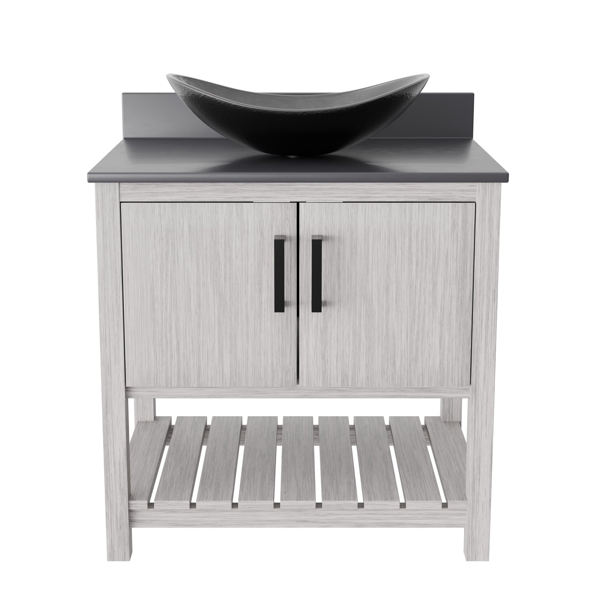 Novatto 30-inch bath vanity with storm grey quartz countertop and integrated sink, showcasing modern bathroom accessory design.