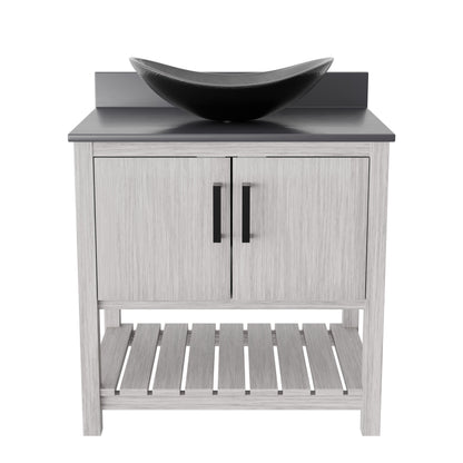 Novatto 30-inch bath vanity with storm grey quartz countertop and integrated sink, showcasing modern bathroom accessory design.