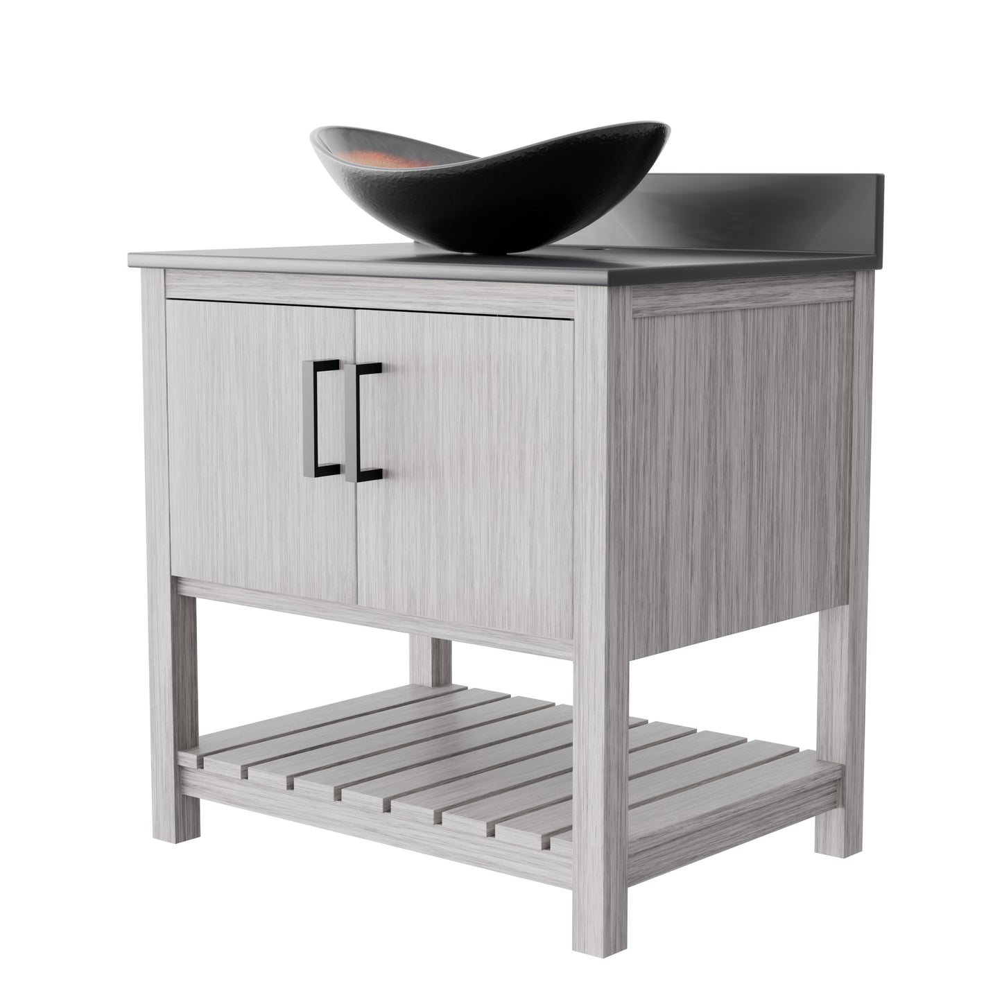 Novatto 30-inch bath vanity with storm grey quartz countertop and integrated sink, showcasing sleek bathroom accessory design