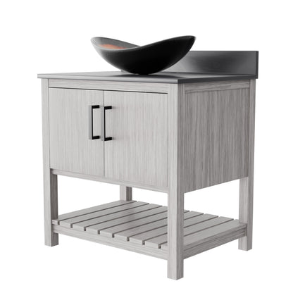 Novatto 30-inch bath vanity with storm grey quartz countertop and integrated sink, showcasing sleek bathroom accessory design