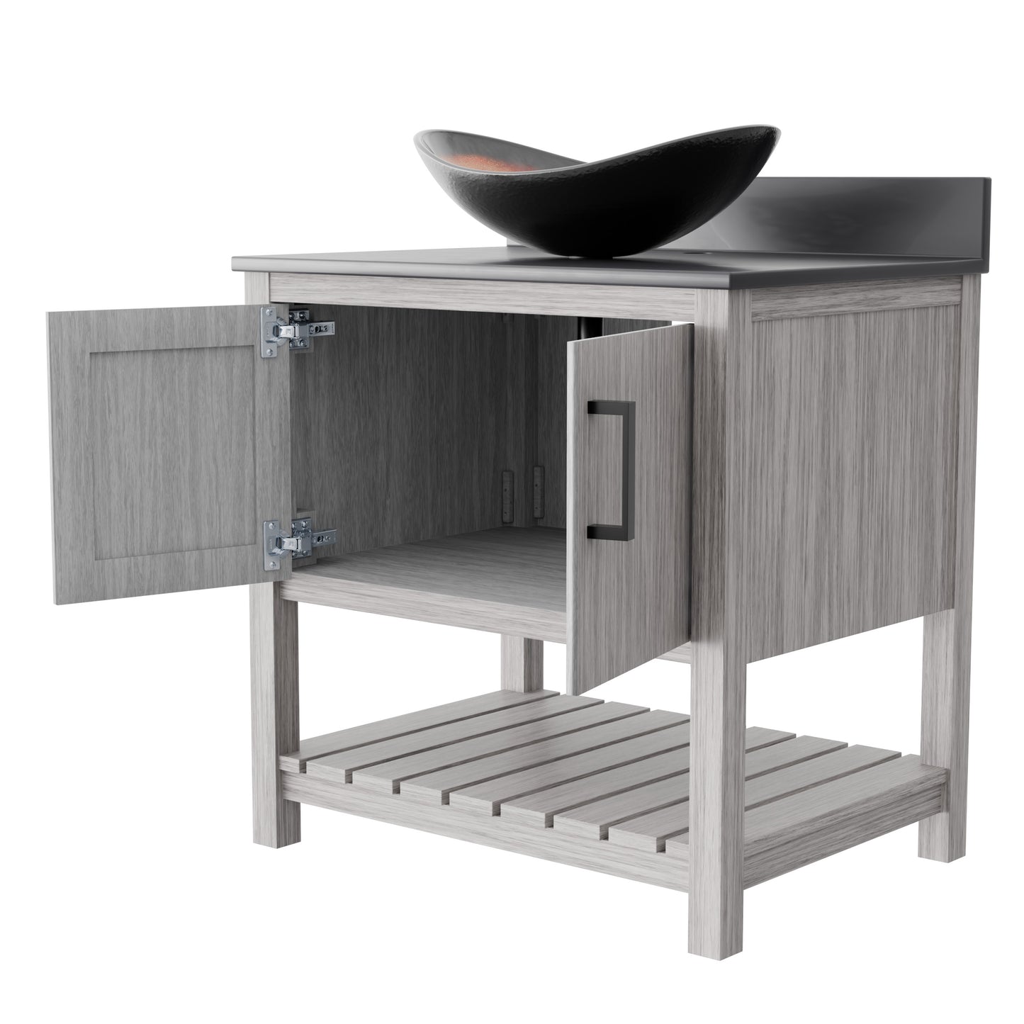 30-inch Novatto bath vanity with storm grey quartz countertop and sink, showcasing sleek bathroom accessory design.