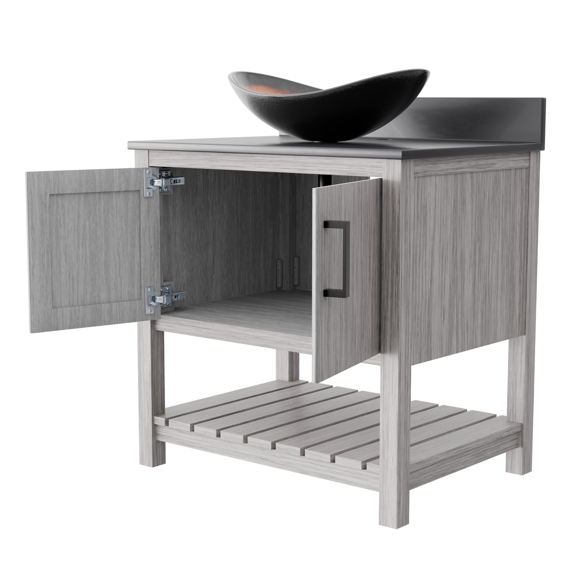 30-inch Novatto bath vanity with storm grey quartz countertop and sink, showcasing sleek bathroom accessory design.