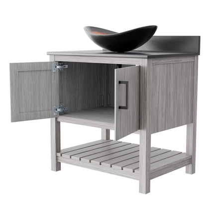 30-inch Novatto bath vanity with storm grey quartz countertop and sink, showcasing sleek bathroom accessory design.