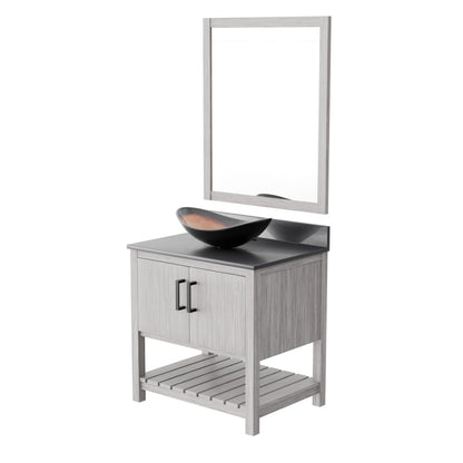Novatto 30-inch bath vanity with storm grey quartz countertop and sink, showcasing modern bathroom accessory design