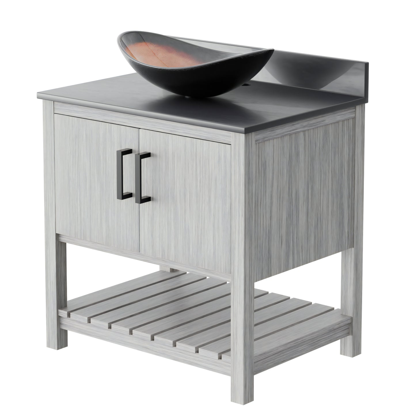 30-inch Novatto bath vanity with storm grey quartz countertop and integrated sink, modern bathroom accessory.