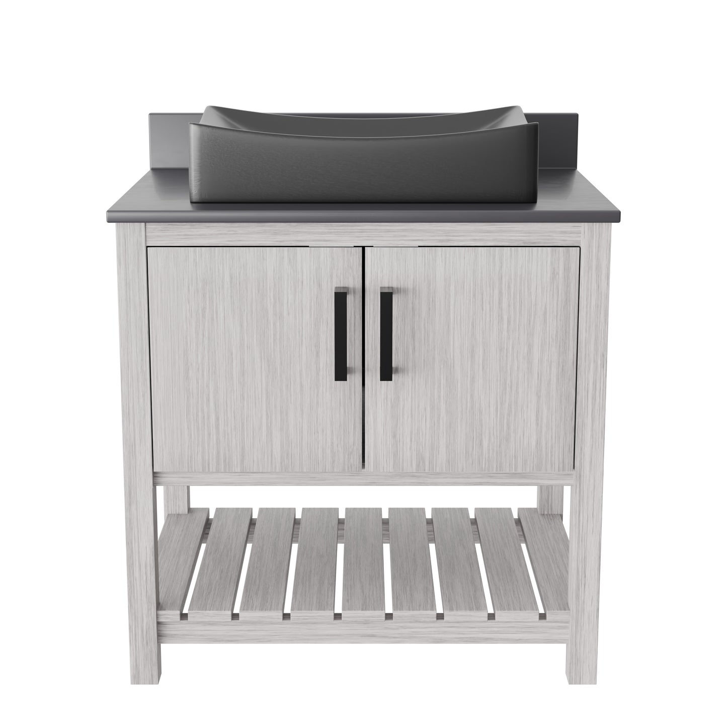 30-inch Novatto bath vanity with storm grey quartz countertop and integrated sink, shown with modern design features.